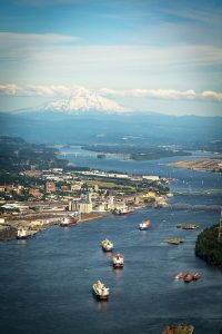 aerial view of Columbia River and ships at Port of  Vancouver USA