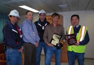 Left to right:  Greg Murphy, Steve Mickelson, Aaron Flett, Capt. Sergey Degtyaryov, Atsuo Utsumi