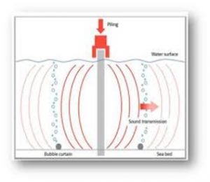 I diagram of a bubble curtain shows bubbles surrounding a pole. Dark lines fan out from the pole to the bubbles which are rising from the bottom. Lighter lines are fanning out from the bubbles to the outer edge of the diagram.